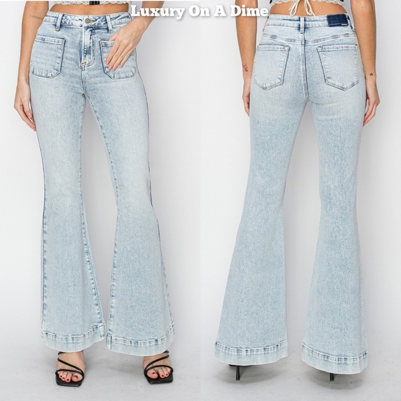 RISEN High-Rise Waist Slim Jeans Flare Hem Retro 90s Patch Pocket Denim Pants - Picture 14 of 16